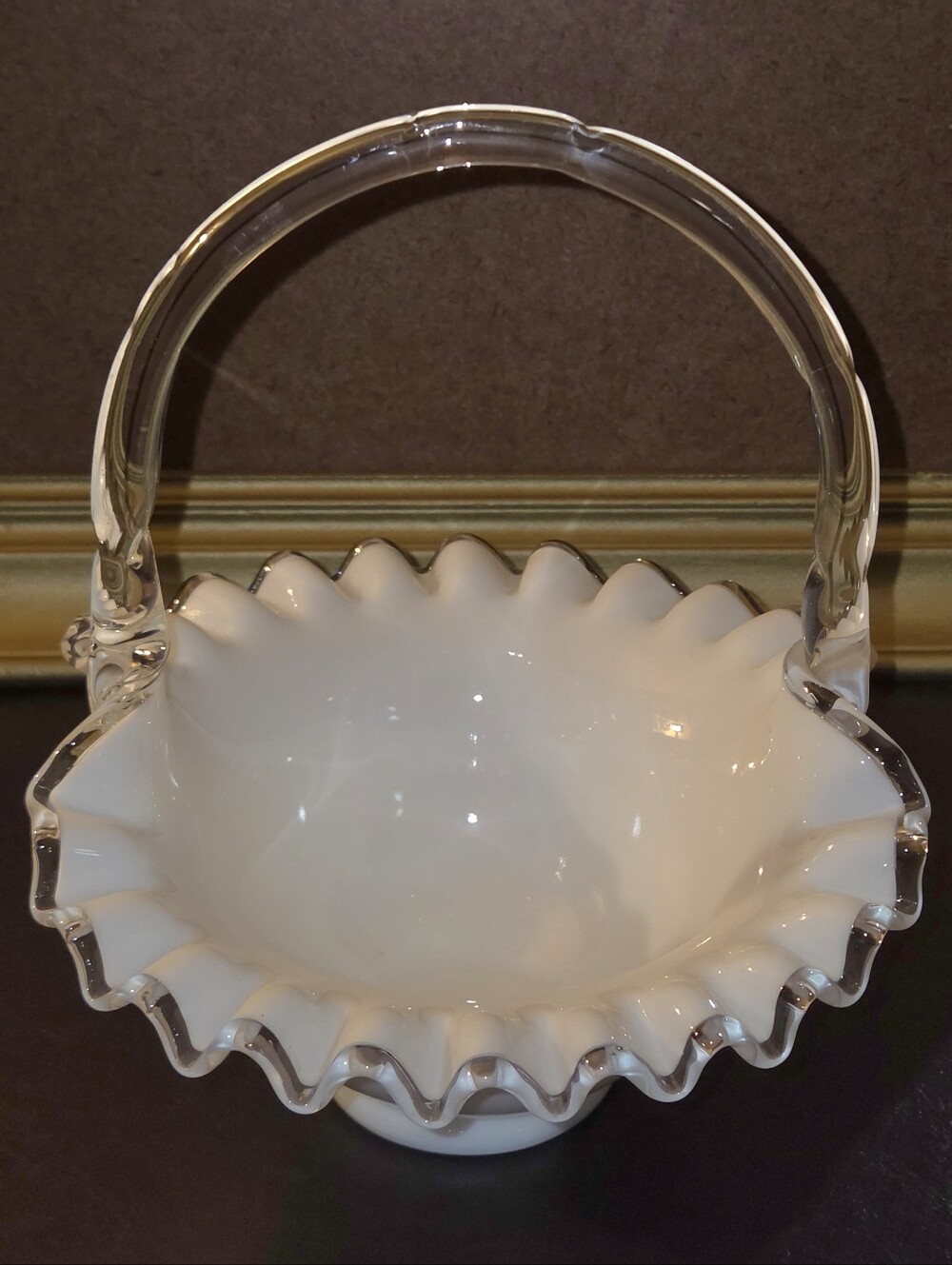 Vintage Fenton Silver Crest Milk Glass Ruffled Basket Clear Twisted Handle